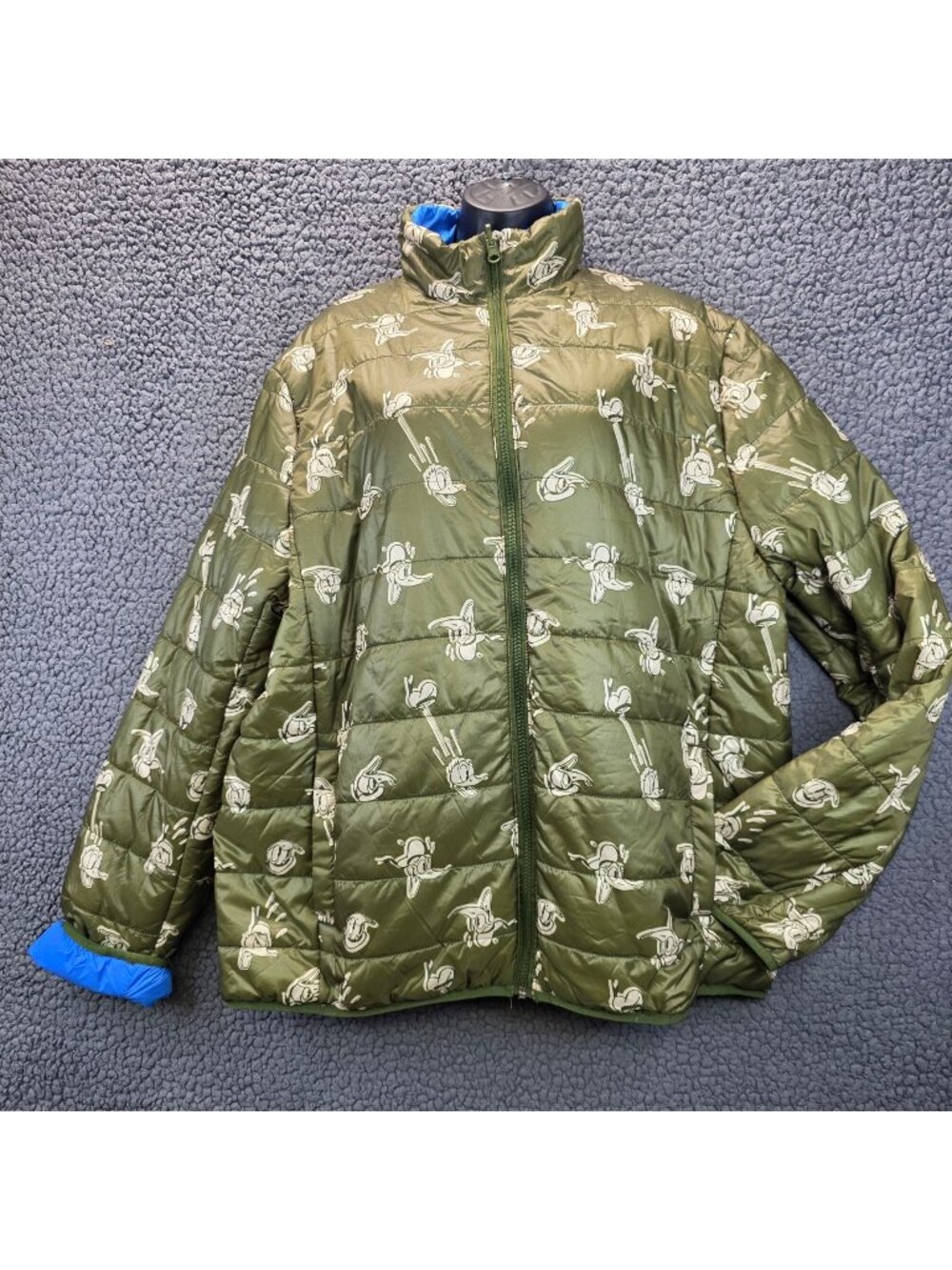 Disney Reversible Donald Duck Puffer Jacket L Green Blue Comic Retro Y2k Cozy